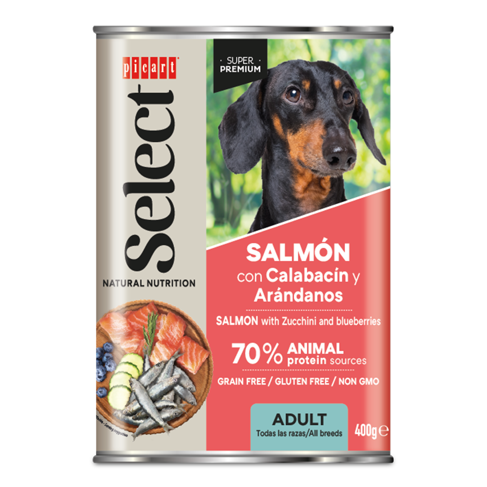 Suņu konservi pieaugušiem suņiem ar lasi, cukini un mellenēm 400g