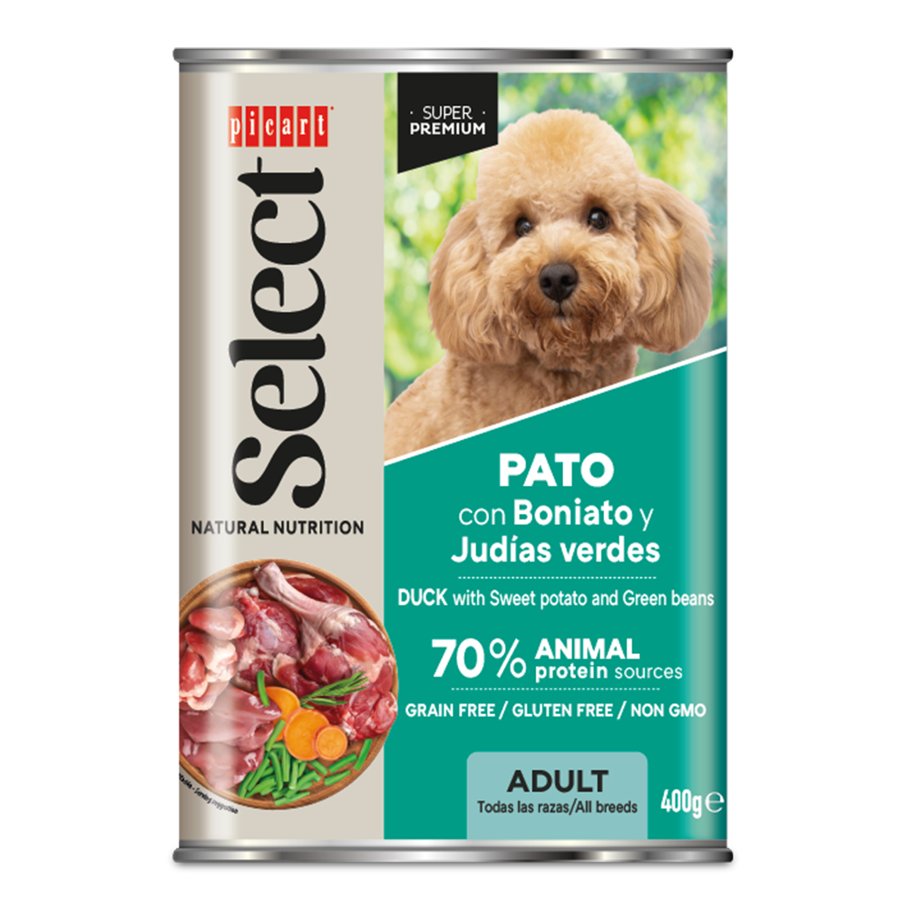 Suņu konservi pieaugušiem suņiem ar pīles gaļu, saldajiem kartupeļiem un zaļajām pupiņām 400g