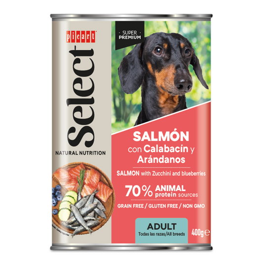 Suņu konservi pieaugušiem suņiem ar lasi, cukini un mellenēm 400g