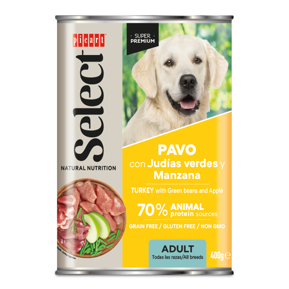 Suņu konservi pieaugušiem suņiem ar tītara gaļu, zaļajām pupiņām un āboliem 400g