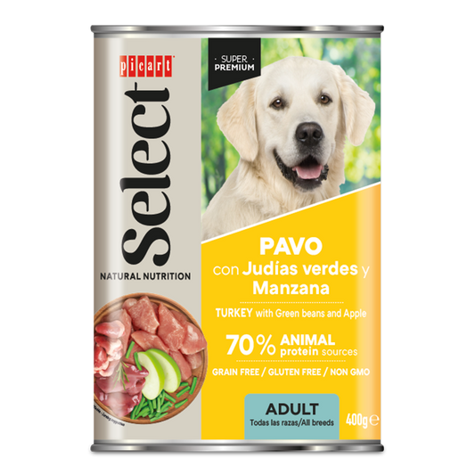 Suņu konservi pieaugušiem suņiem ar tītara gaļu, zaļajām pupiņām un āboliem 400g